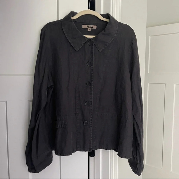 Flax Button Up Black Sun washed Linen Collar Jacket - Picture 1 of 5